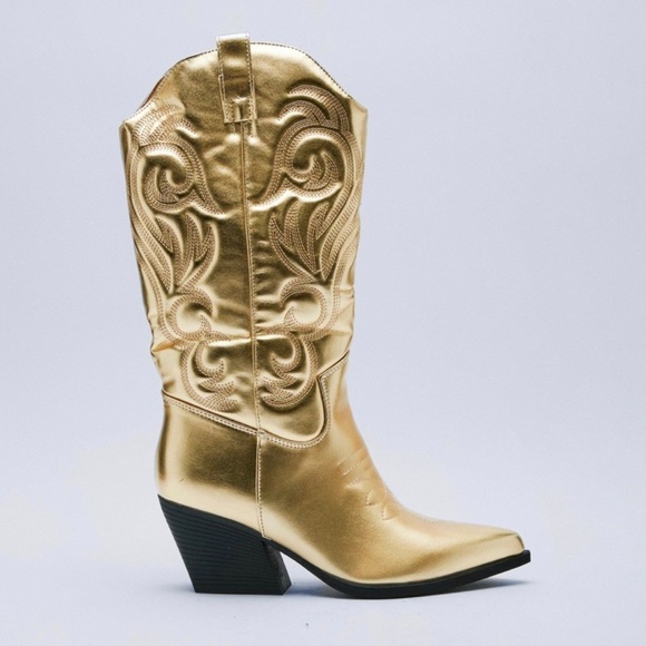 NASTY GAL - METALLIC FAUX LEATHER KNEE HIGH COWBOY BOOTS - Picture 3 of 7